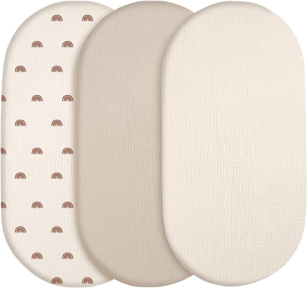 Mandlakens 80x40 cm, 100% Katoenen Kinderwagenvellen Passed, Mousseline Wieg Laken Voor Jongens en Meisjes, Babybedlakens Geschikt voor Ovale Rechthoekige Matras, 3 Stuks (Regenboog)