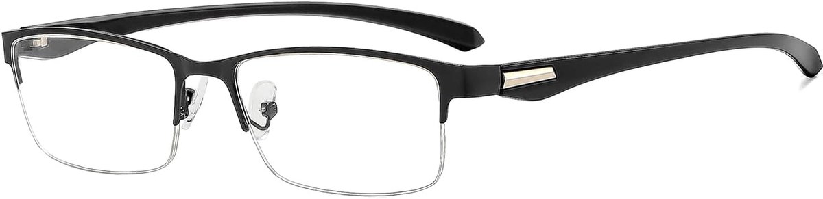 halfrond leesbril voor heren, metalen frame, rechthoekige leeshulp, lichte halve bril met PC-glazen, zichthulp, zwart, +2.0X