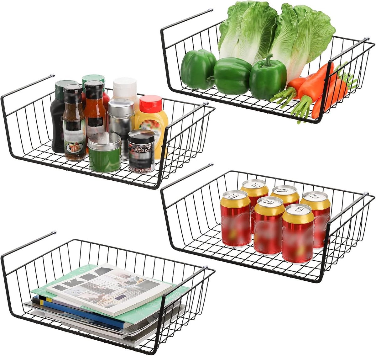 4 Stuks Zwarte Draadmanden Onder Plank, Hangende Opbergmanden voor Keuken, Kast en Bureau, Uittrekbare Organizers voor Efficiënte Opslag en Ruimtebesparing