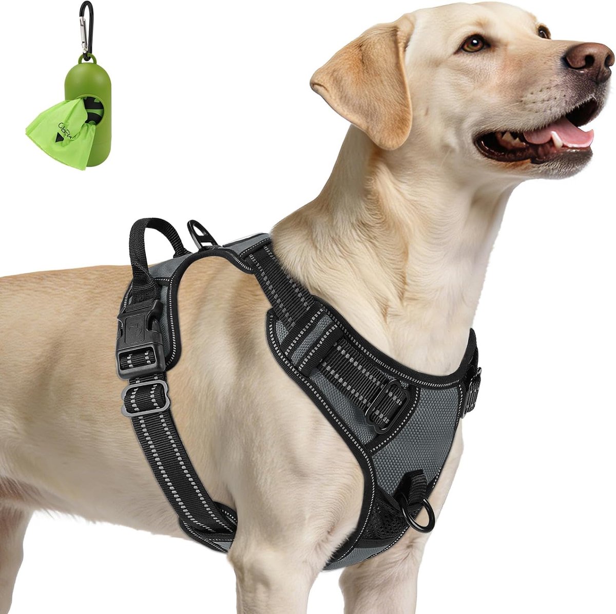 Hondenharnas, grote maat, ademend reflecterend H-harnas voor honden, anti-trekbescherming met 2 metalen haken, verstelbaar hondenvest om te lopen, met comfortabele grip, grijs, XL