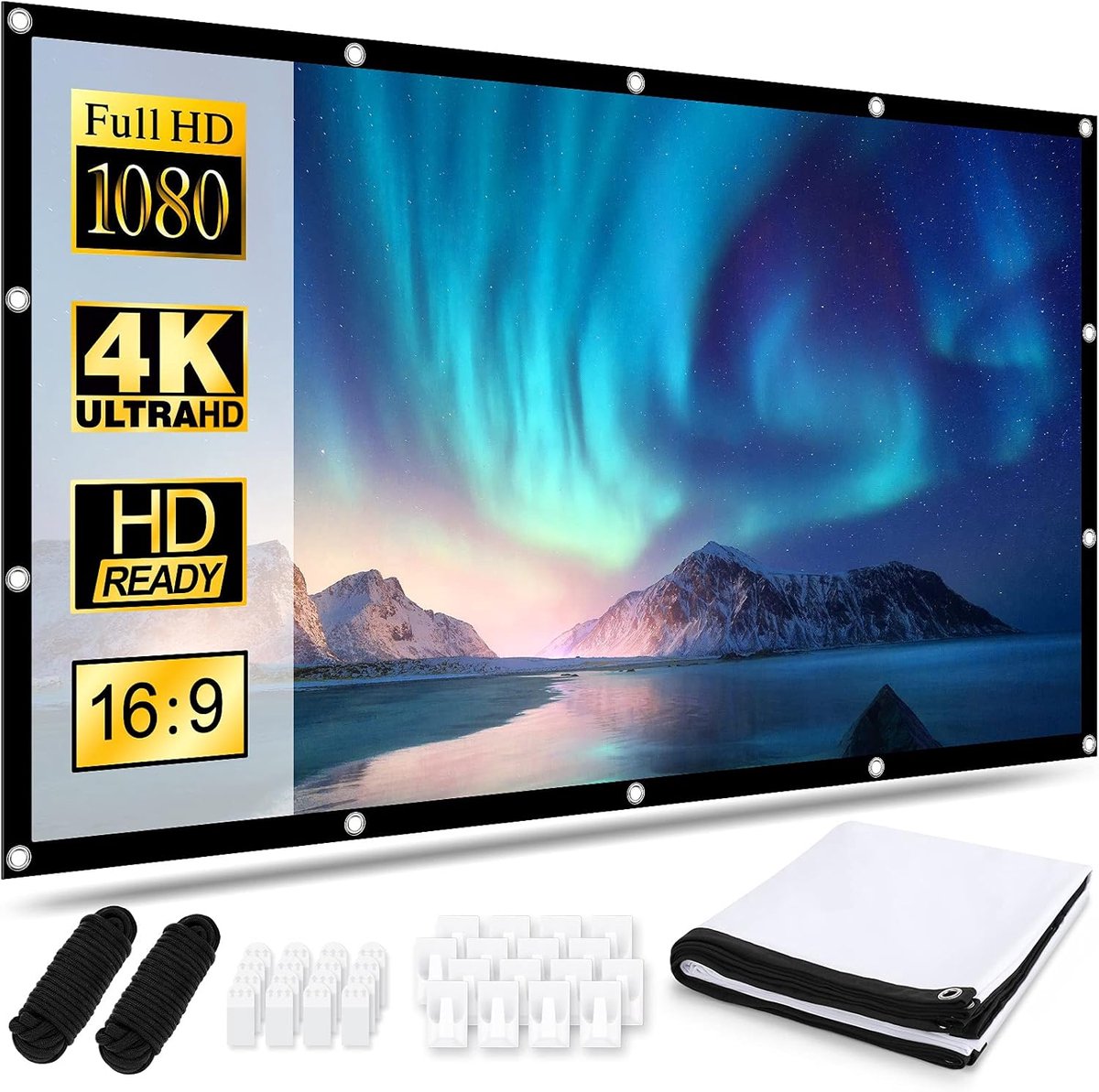Projectorscherm 100 inch, draagbaar filmscherm 16:9 HD 4K opvouwbaar theater bioscoopscherm, dubbelzijdig projectiescherm voor buiten school thuis kantoor, 221 cm (B) x 125 cm (H)