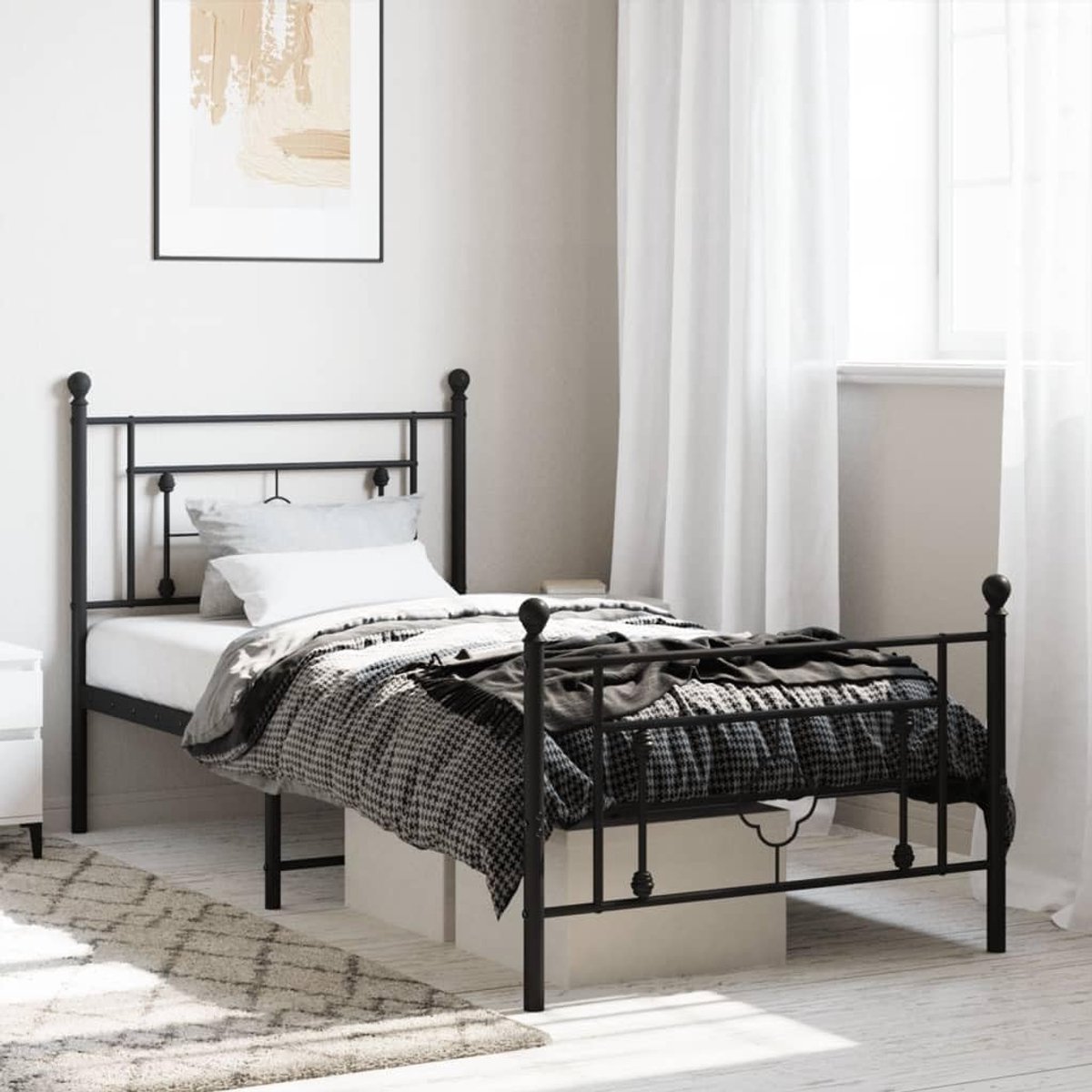 Bedframe met hoofd- en voeteneinde, metaal, zwart, 90 x 190 cm, robuuste metalen constructie met lattenbodem en opbergruimte, klassiek design voor slaapkamer, stabiel stalen frame