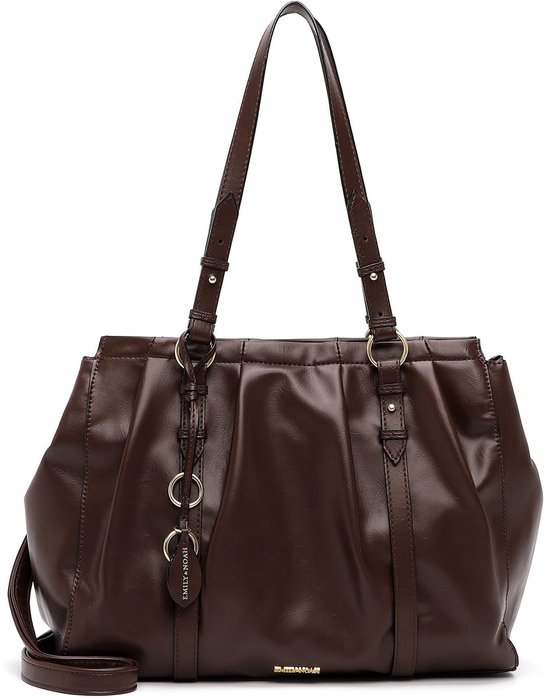 Bruine Emily & Noah shopper met plooien, lange hengsels, gouden ringdetails en een afneembare schouderband.