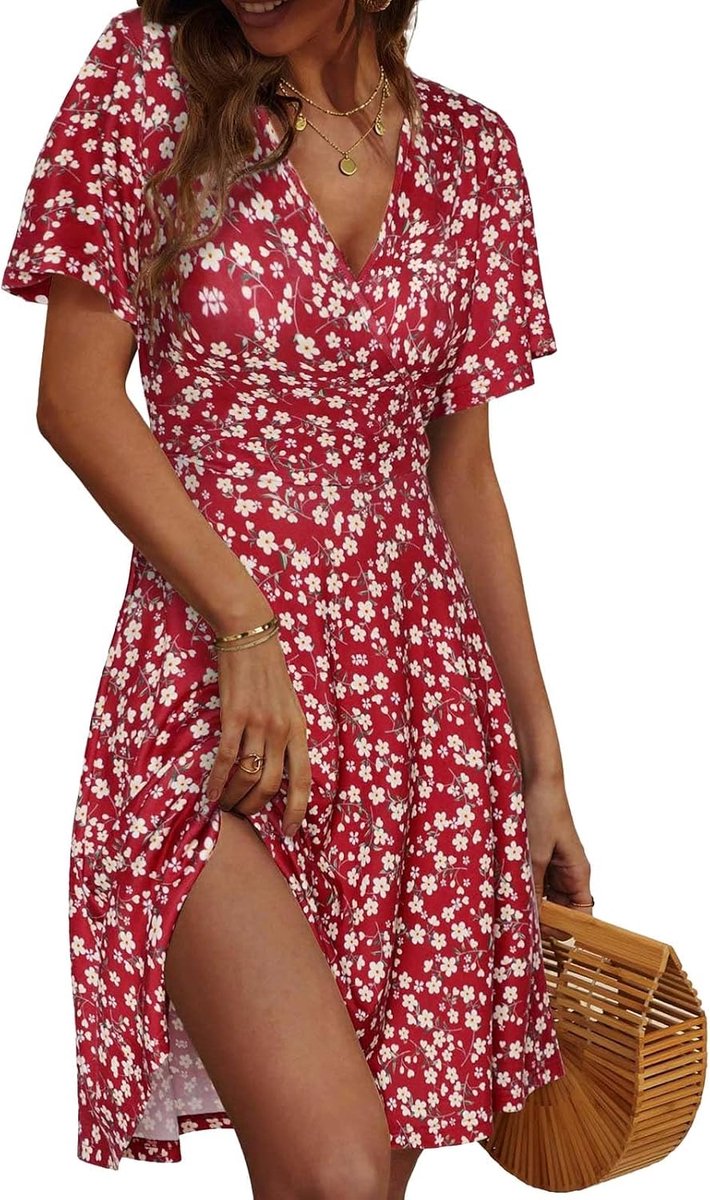 Zomerjurk voor dames, casual, korte mouwen, V-hals, elegant, strandjurk, chiffon, licht, casual, boho, bloemenprint, chic, ruches, vakantie