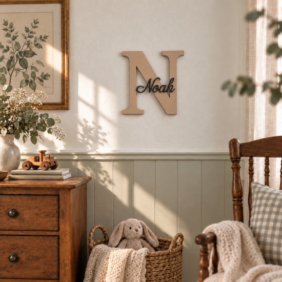 Gepersonaliseerd naambordje kinderkamer met naam en initiaal – Beige/Zwart – Keuze uit lettertypen — afbeelding 5