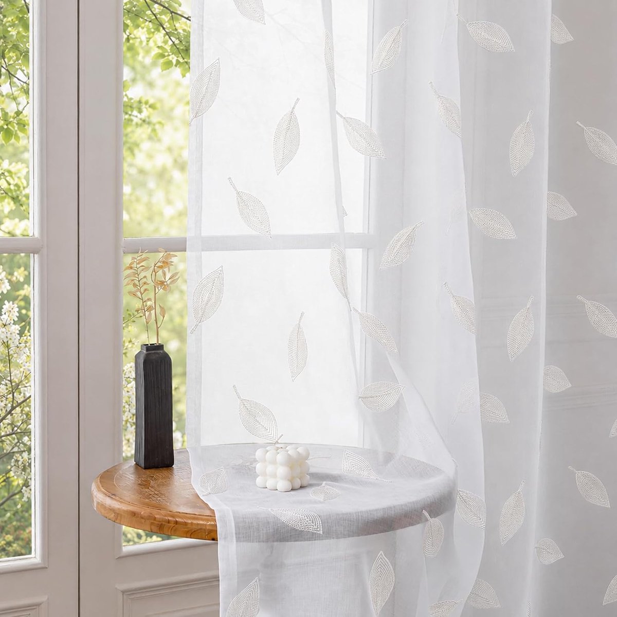 Voile Gordijnen, 2 Stuks 140x245cm, Semi-transparante Vitrages met Borduurwerk, Gordijnen met Ogen, Voor Woonkamer Slaapkamer Balkon Raam, Beige