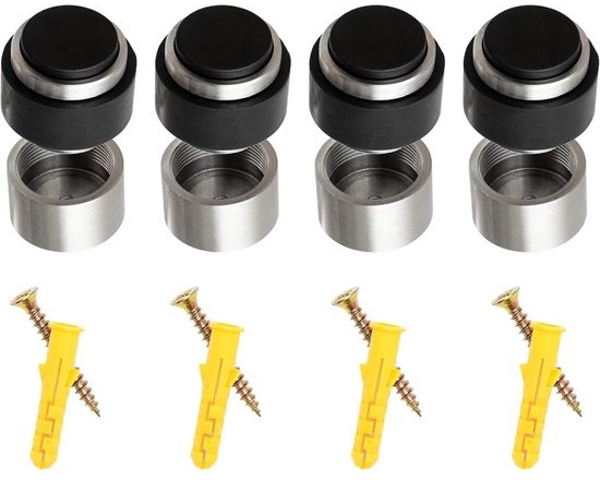 Set van 4 RVS Deurstopper - Cilindervormig - Vloer- of Wandmontage