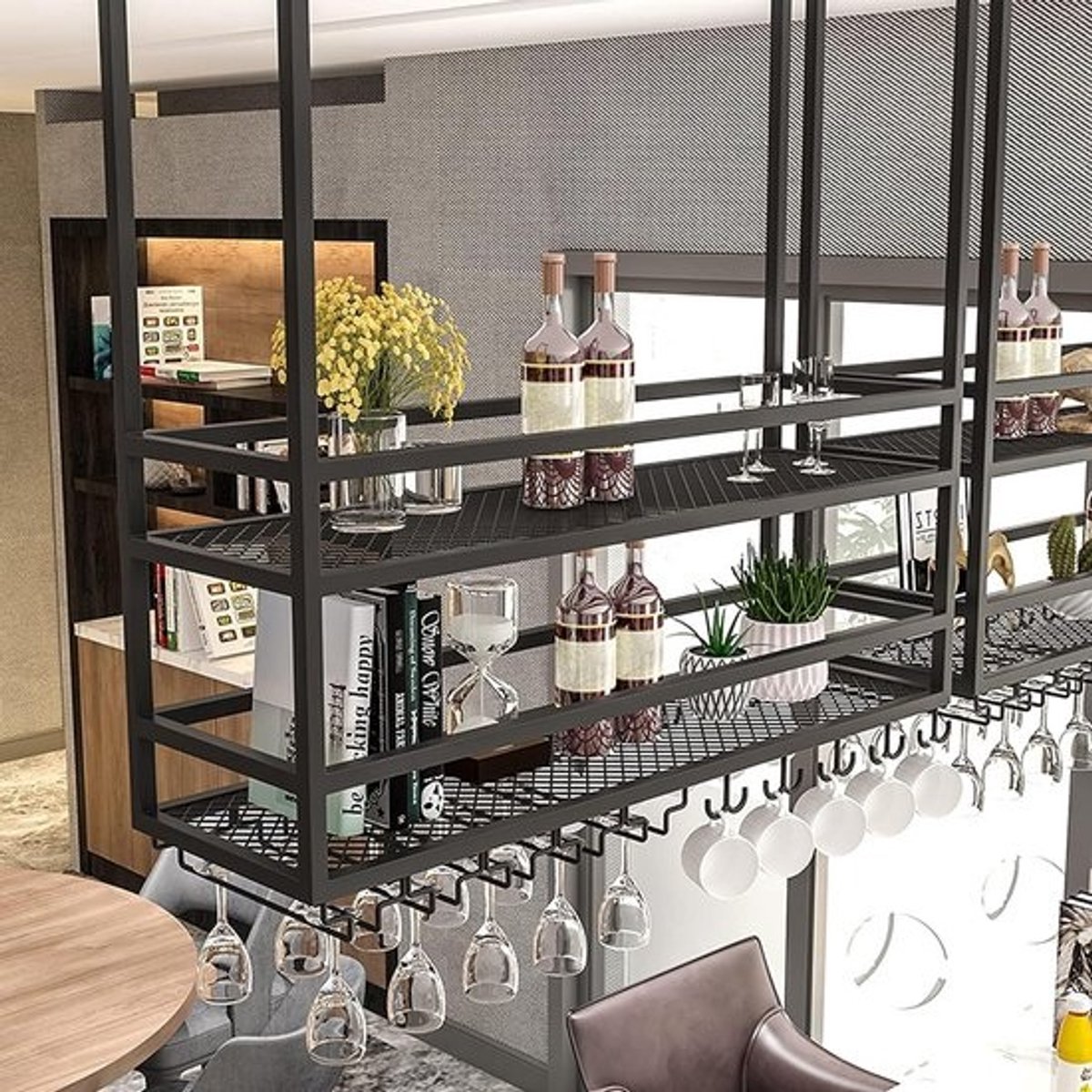 Industriële Wijnrek voor Plafondmontage - Hangend IJzeren Flessenrek met Glazenhouder