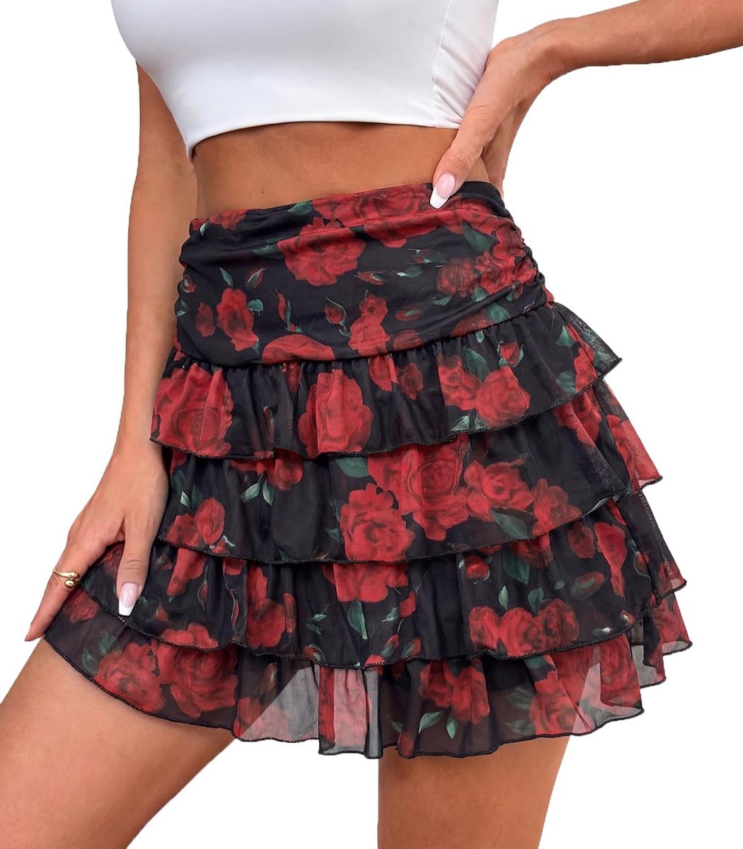 Mini-rok met ruches voor dames, elastische taille, gelaagde mesh-rok met shorts