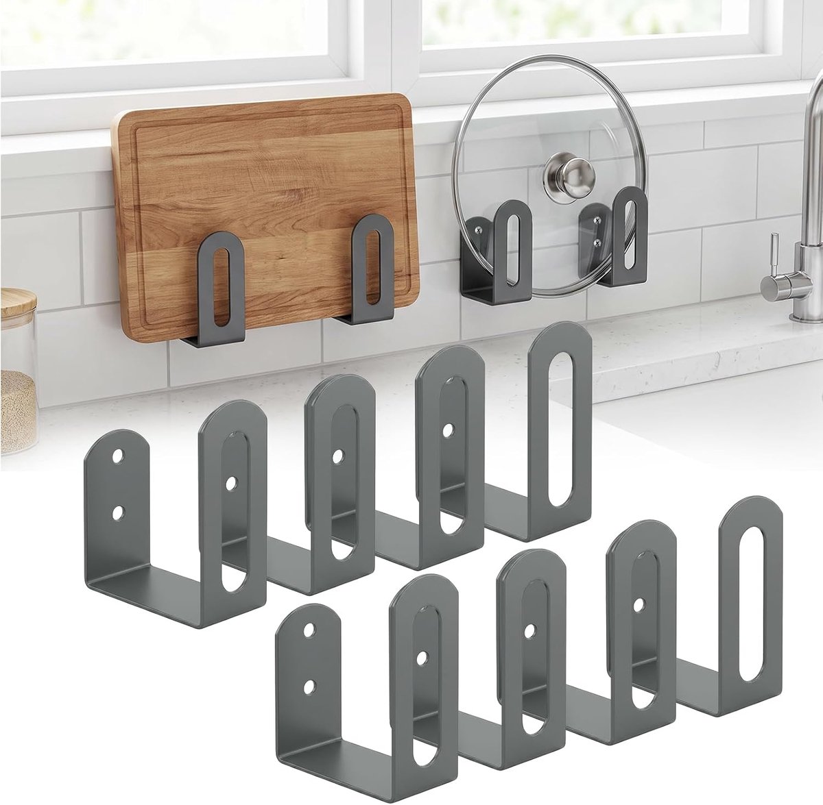 8 stuks potdeksel-organizer, keuken, snijplankhouder, zelfklevend