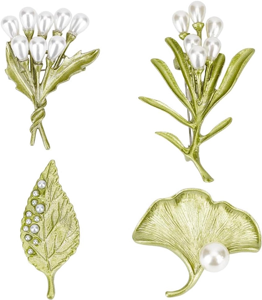 4 stuks parelbroche met bloemenbladmotief, 4 stijlen, vintage plantenbroche, reversspelden, elegante imitatieparels, bloemenbroches, geelgroene legering, broches voor dames, pak, sjaal