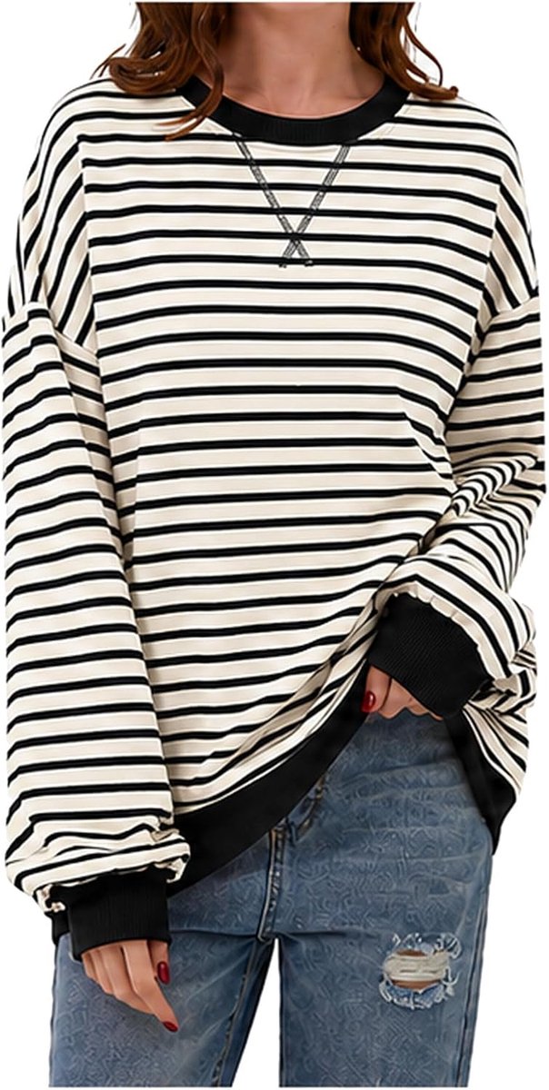 Sweatshirt,Y2K, voor dames, gestreept, oversized, lange mouwen, herfst, ronde hals, sweatshirt
