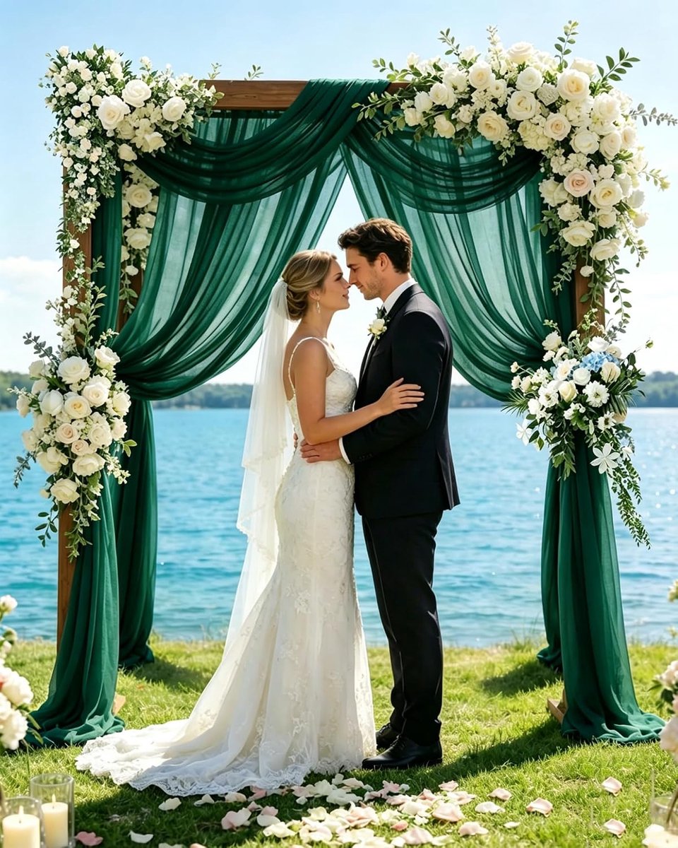 4 Panels 30" x 19.69Ft Wedding Arch Draping Fabric, Chiffon Sheer Voile Backdrop Curtain Wedding Arch Backdrop Drapes Curtains for Arbor Wedding Archway Ceremony Ceiling Decorations (Emerald Green)