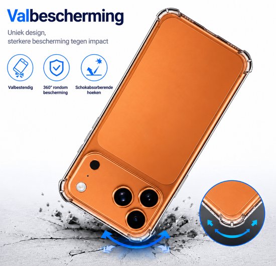 Transparante hoes met oranje iPhone valt op een ondergrond. "Valbescherming"
