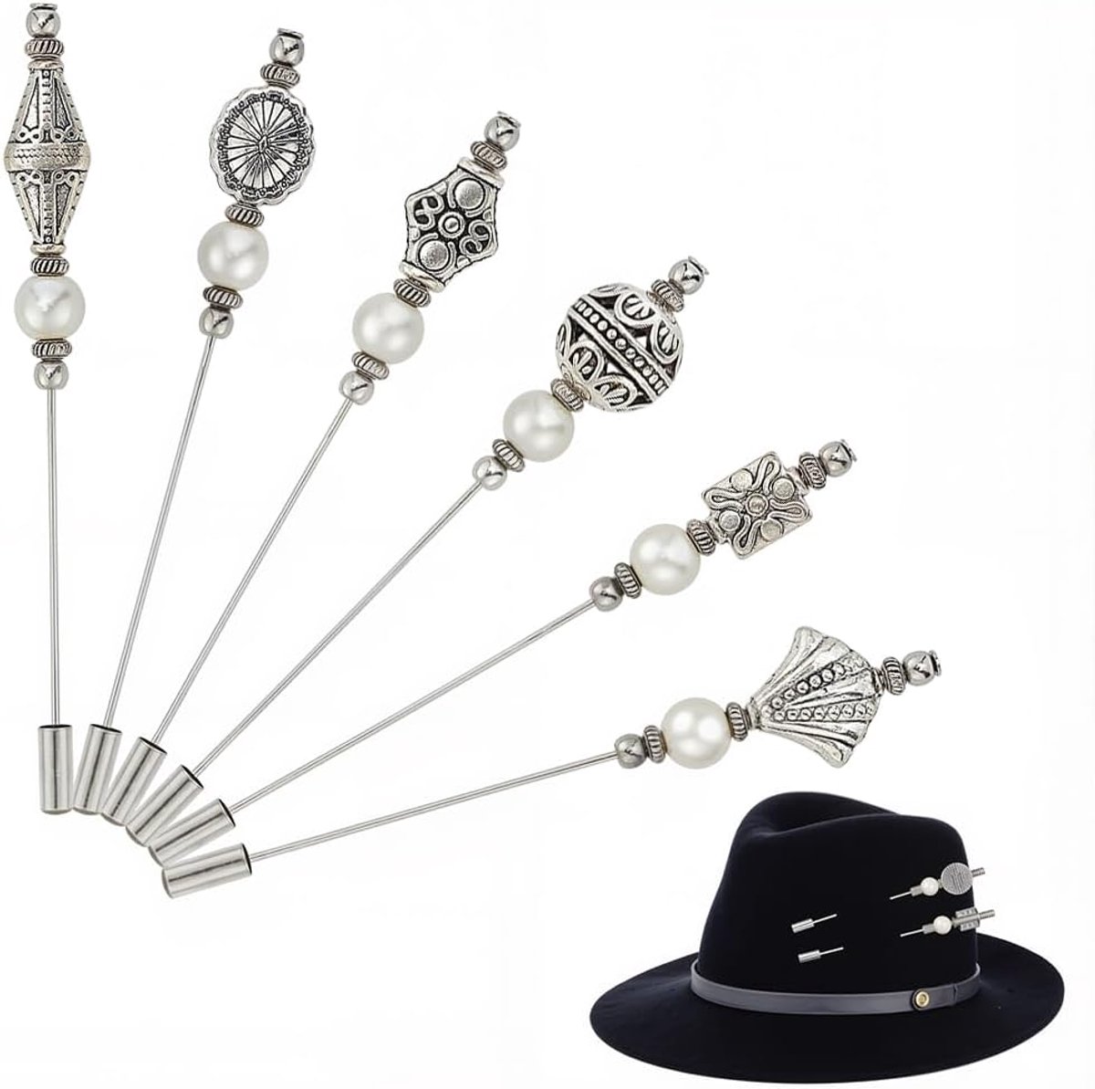 6Pcs Vintage Parel Hoed Pins Zilver Elegante Lange Naald Revers Stok Pins Decoratieve Retro Broches Voor Vrouwen Hoeden Stropdassen Suits Sjaals Haar Sieraden Accessoires Bruiloft