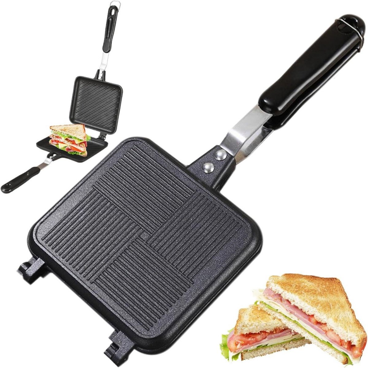 SSTRWGOOD Dubbelzijdige tosti-ijzer/koekenpan – Pan met antiaanbaklaag geschikt voor tosti's, quesadilla's en panini's – Camping-tosti-ijzer – Ideaal geschikt voor kamperen en ontbijt – Zwart