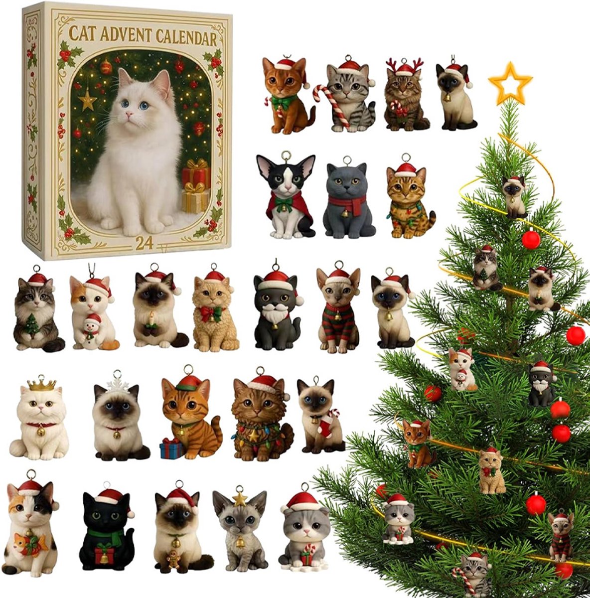 Adventskalender met kattenthema – Aftelkalender voor Kerstmis – Schattige acrylhangers in de vorm van kittens – Feestelijke kerstboomversiering – 2D-kattenhangers – 24 dagen – Cadeau voor kattenliefhebbers en -eigenaren – 26 x 18 cm – Kleurrijk
