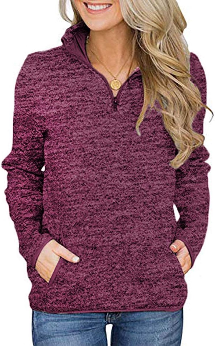 iWoo Casual shirt met opstaande kraag voor dames, lange mouwen, quarter, ritssluiting, pullover, tops met zakken