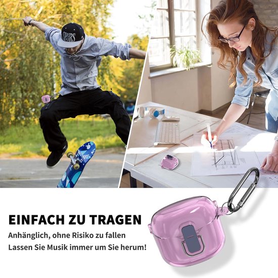 Beschermhoes voor JBL Tune Flex, MOWYEOK transparant pc-veiligheidsslot behuizing, speciaal ontwikkeld voor de JBL Tune Flex-oortelefoon, met karabijnhaak (paars) — afbeelding 5