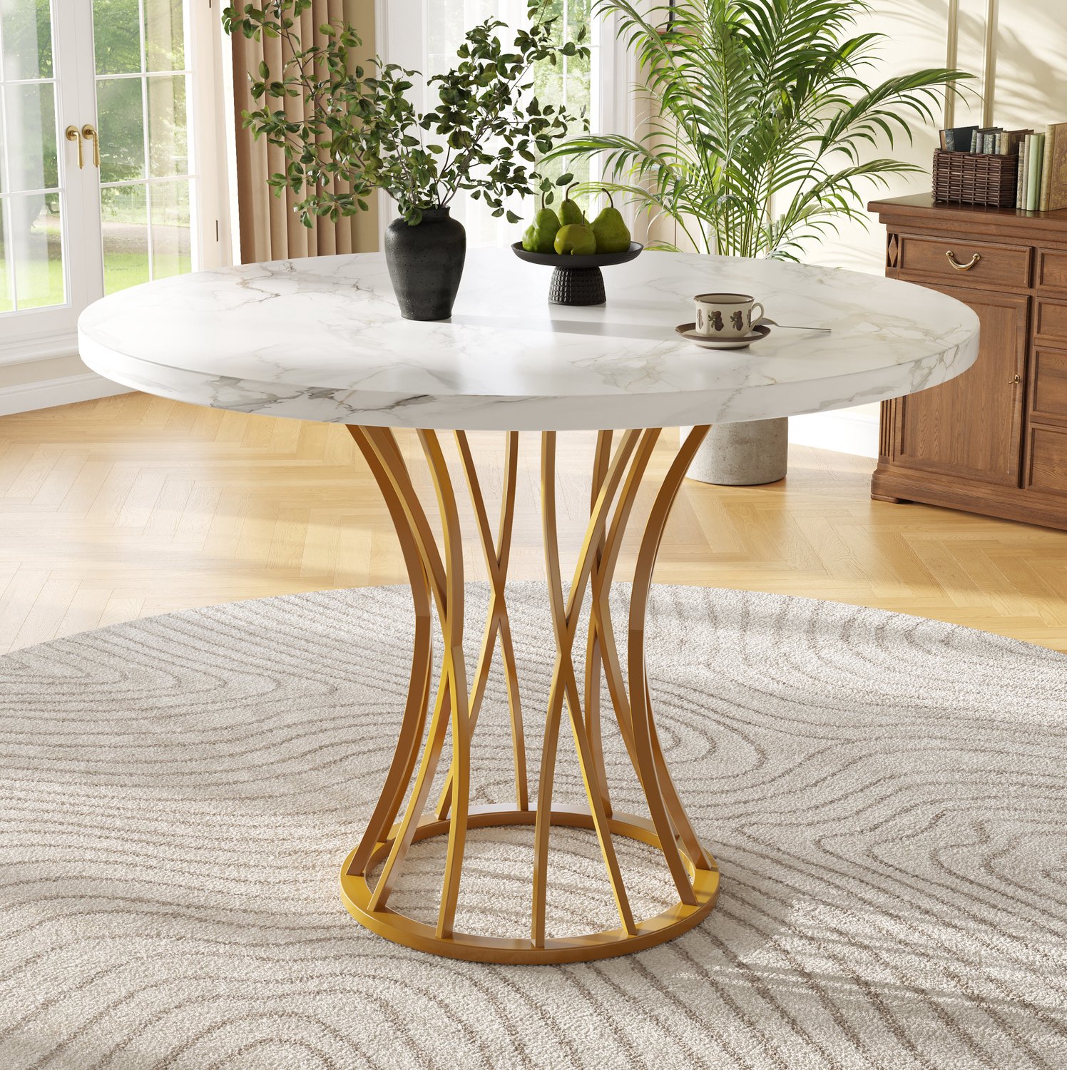 Maisentiel Ronde eettafel 80 cm – MDF blad met marmerlook en goudkleurig metalen onderstel