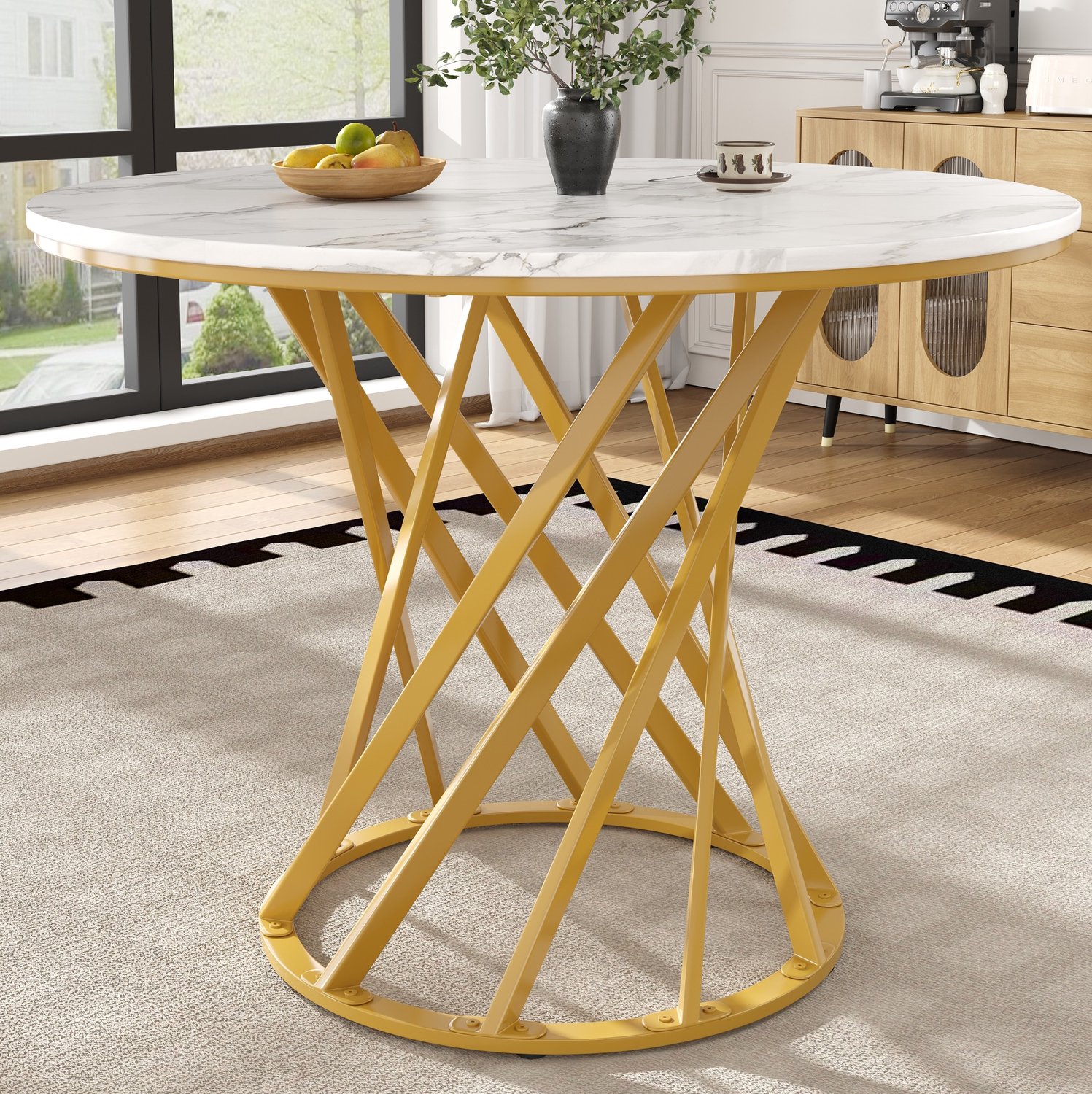 Maisentiel Ronde eettafel 80 x 80 x 76 cm - MDF blad met marmerlook - goudkleurige metalen poten Wit