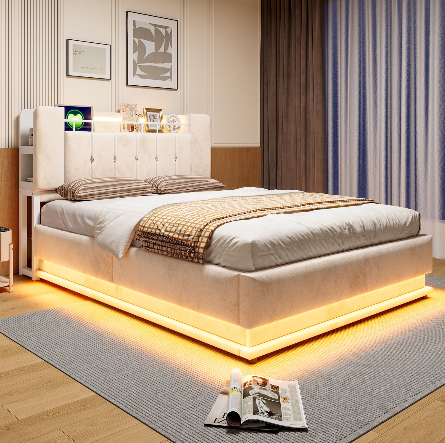 MODFU Gestoffeerd Bed - LED-Verlichting - Hydraulische Opbergruimte - Beige - 140 X 200 Cm