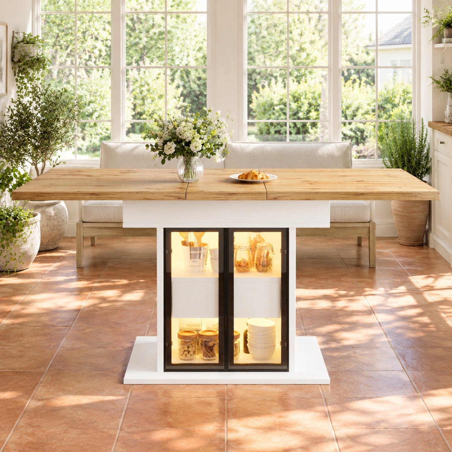 Maisentiel Uitschuifbare eettafel 110-140 cm met opbergruimte en RGB-ledverlichting - wit