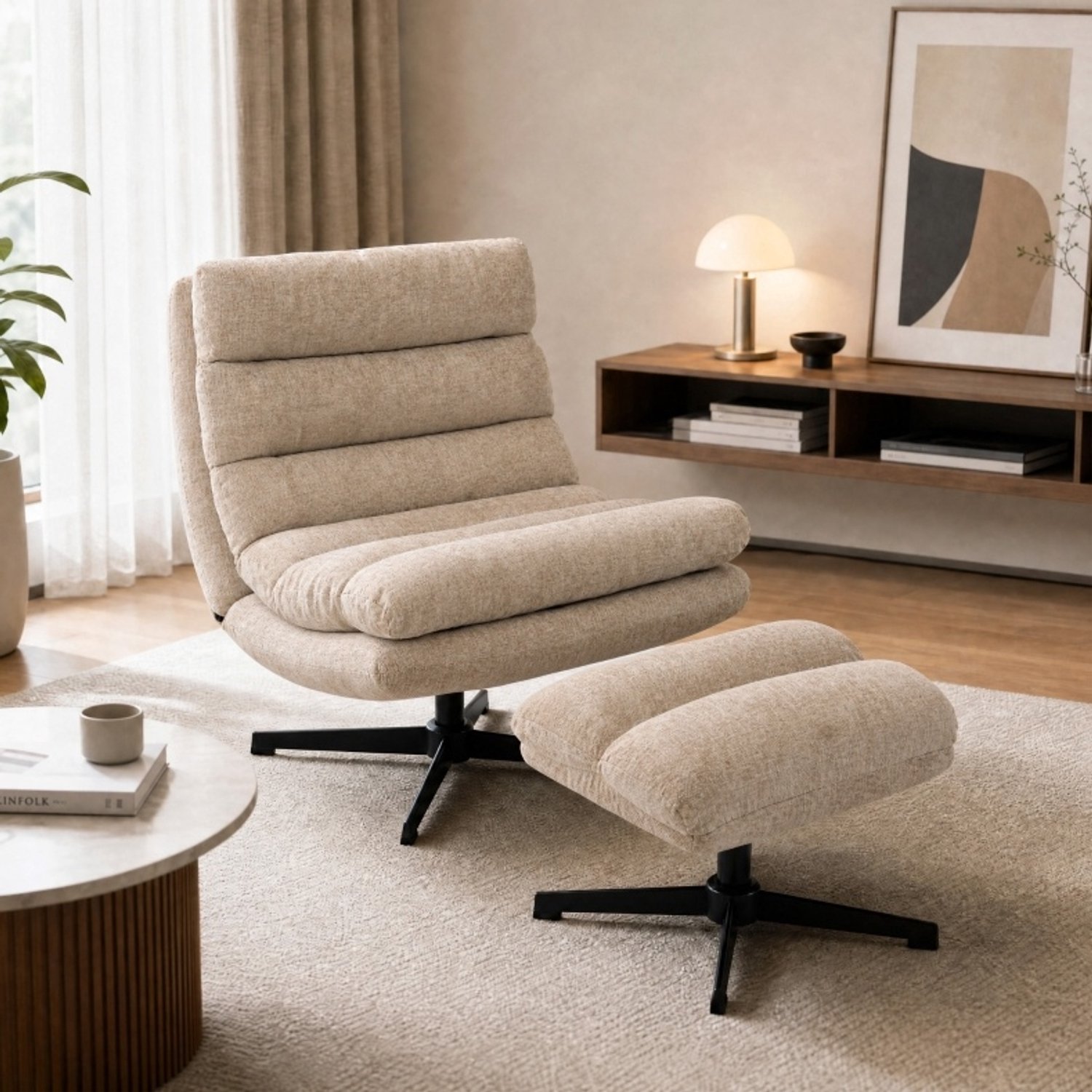 DESMIU Fauteuil 94 x 79 x 88 cm - Draaibaar met Verstelbare Voetenbank en Brede Zitting - Voor Woonkamer en Slaapkamer - Chenille - Bruin Beige