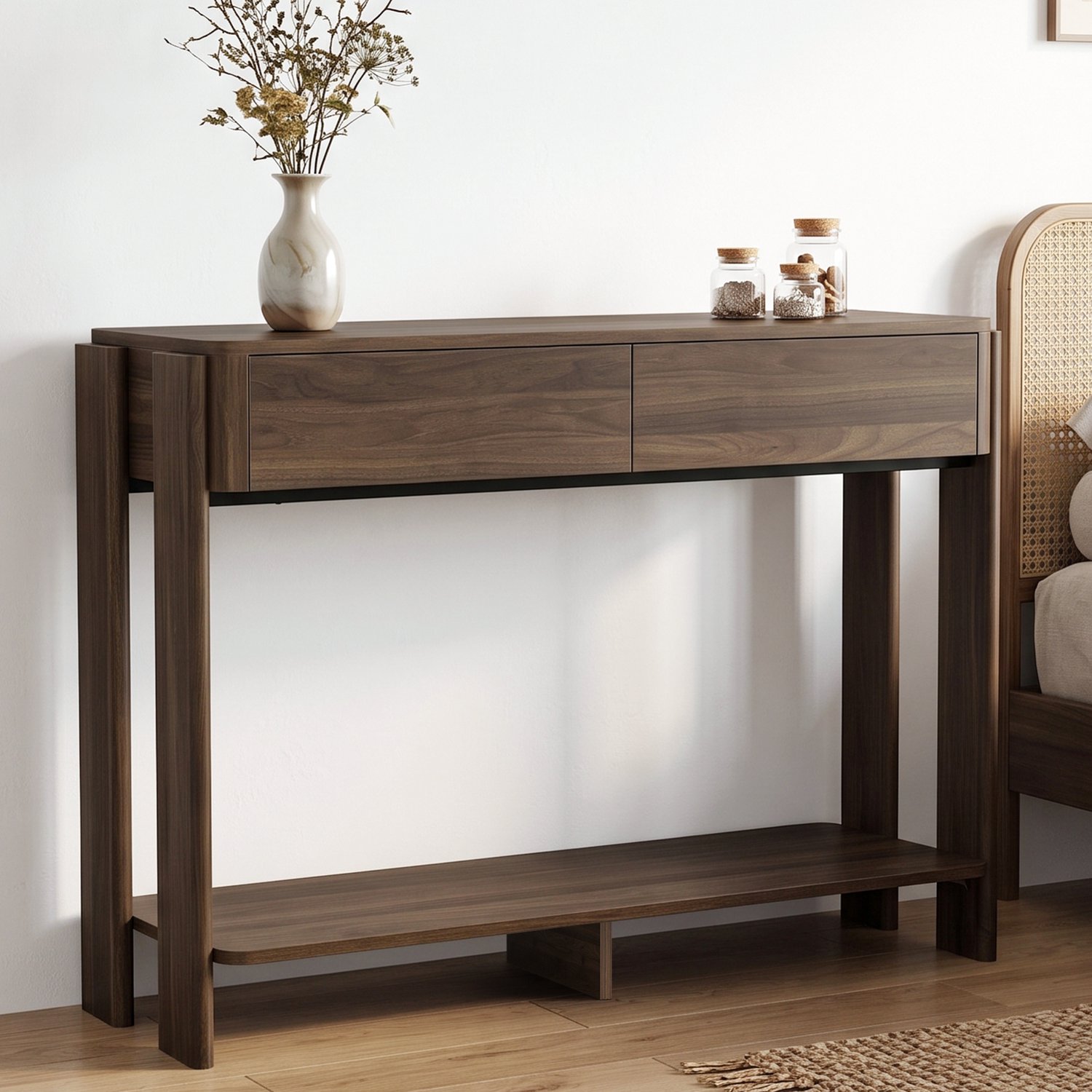 DESMIU Bureau - 2 Laden en Onderste Plank - voor Thuiskantoor, Hal en Woonkamer - MDF en Spaanplaat - 100 x 34 x 75 cm - Donkerbruin Walnootbruin