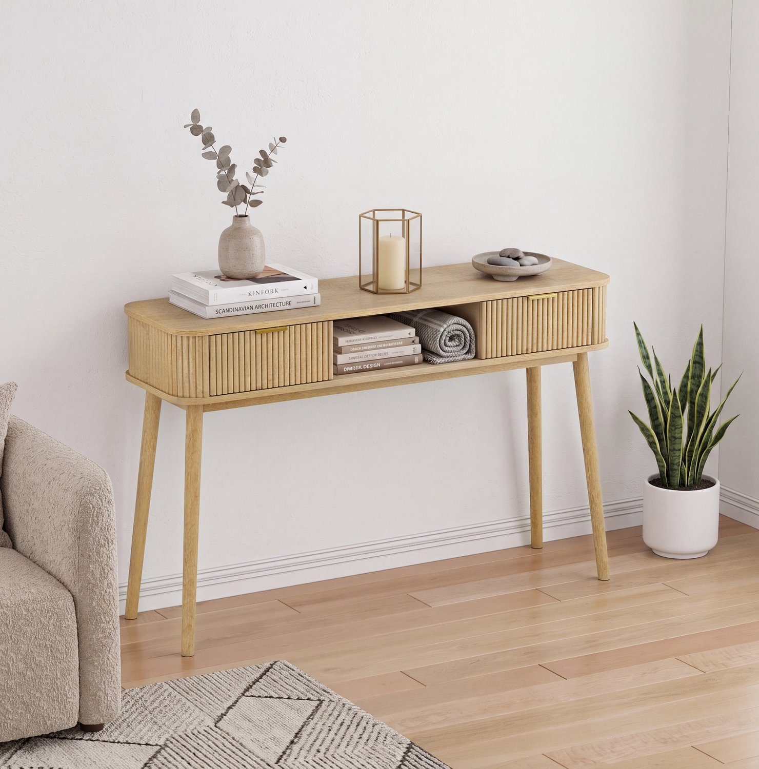 DESMIU Sidetable - Twee Lades en Open Opbergvak - Voor Hal en Woonkamer - Hout en Eikenlook - 120 x 35 x 77,6 cm