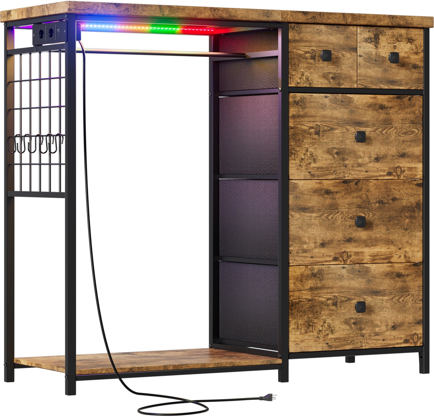 PEALOV Kommode met 5 laden en kledingstang-LED-2 USB en 2 stopcontacten-Ladekast voor slaapkamer-125 x 40 x 120 cm-Bruin en zwart