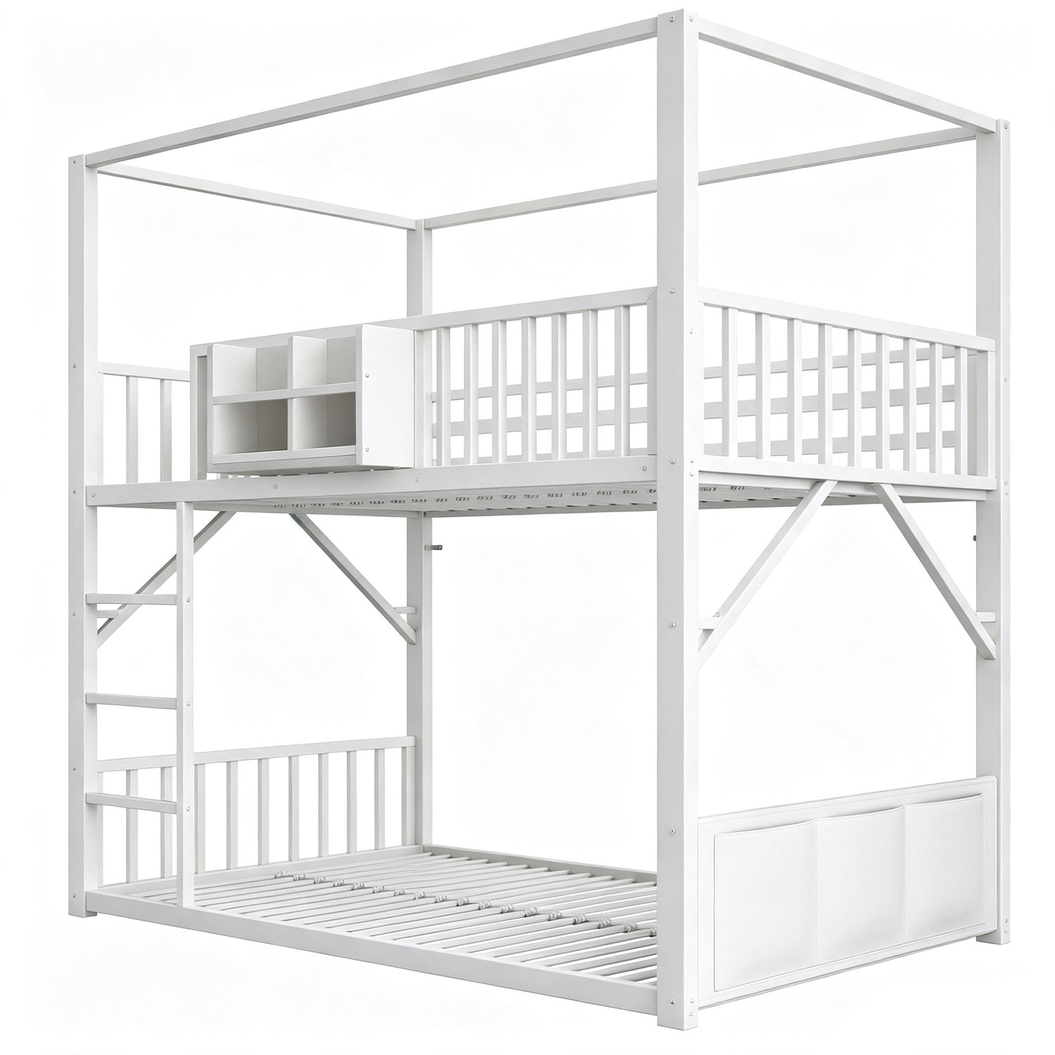 MUVANO Wit metalen stapelbed 90 x 200 cm - Kinderbed met dakconstructie - Boekenrek en opbergzak - Uitvalbeveiliging - Voor de gedeelde kinderkamer