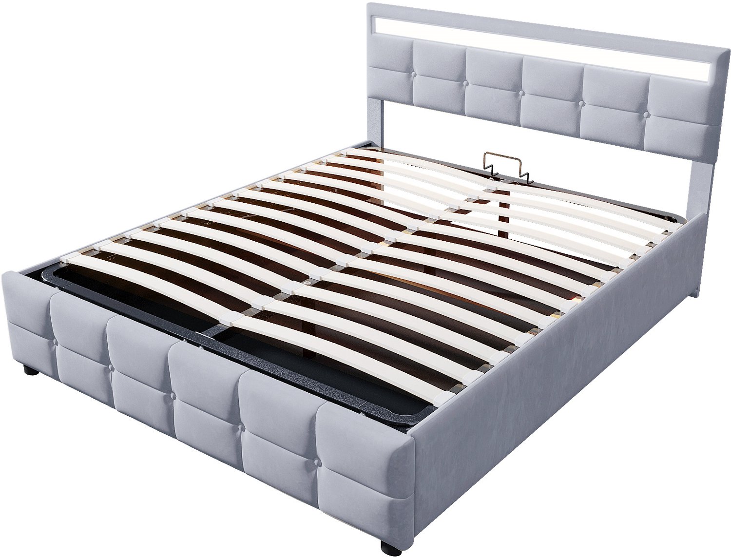 MUVANO Gestoffeerd bed 180x200 cm - grijs fluwelen bed met ledverlichting, lattenbodem en hydraulische opbergruimte