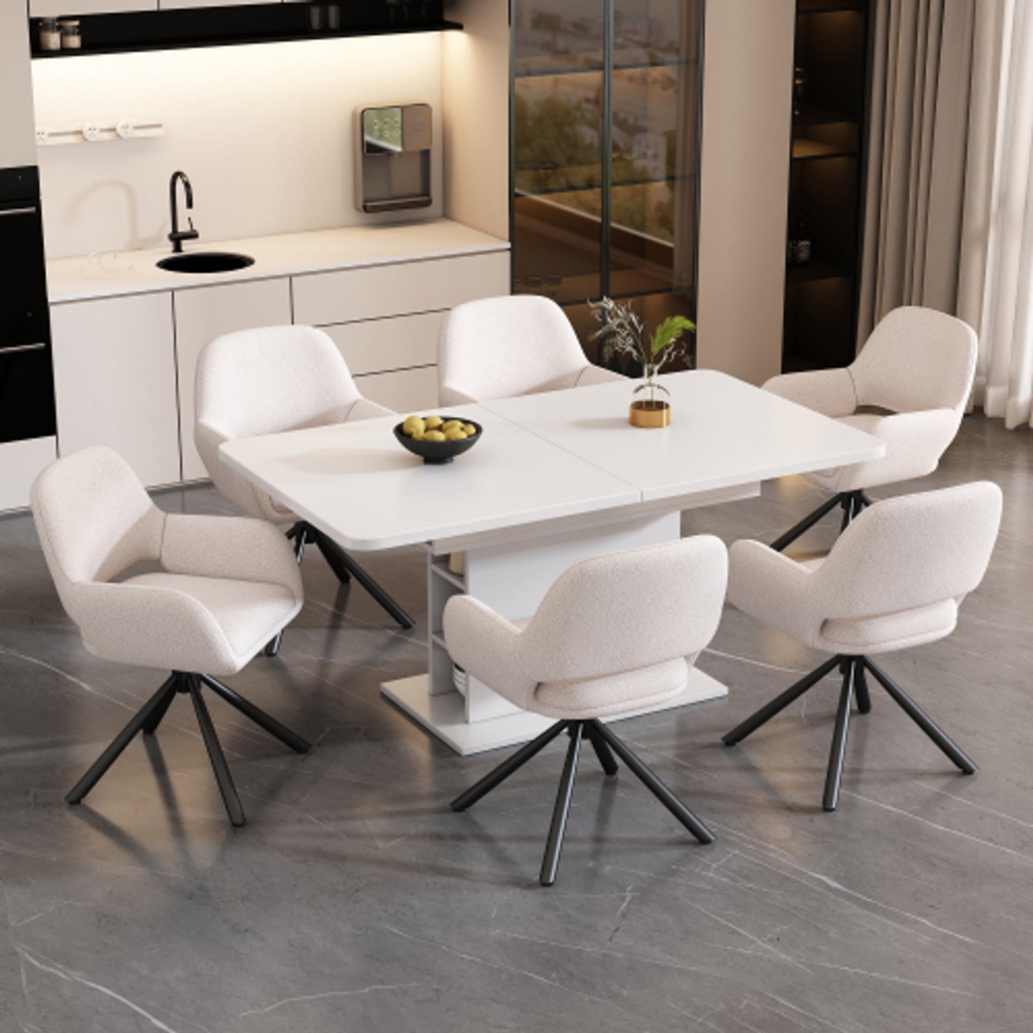Merax Lamswollen stofeetkamerstoelen - set van 6 met armleuningen - modern minimalistisch - eetkamerstoelen - lounge draaistoel - wit