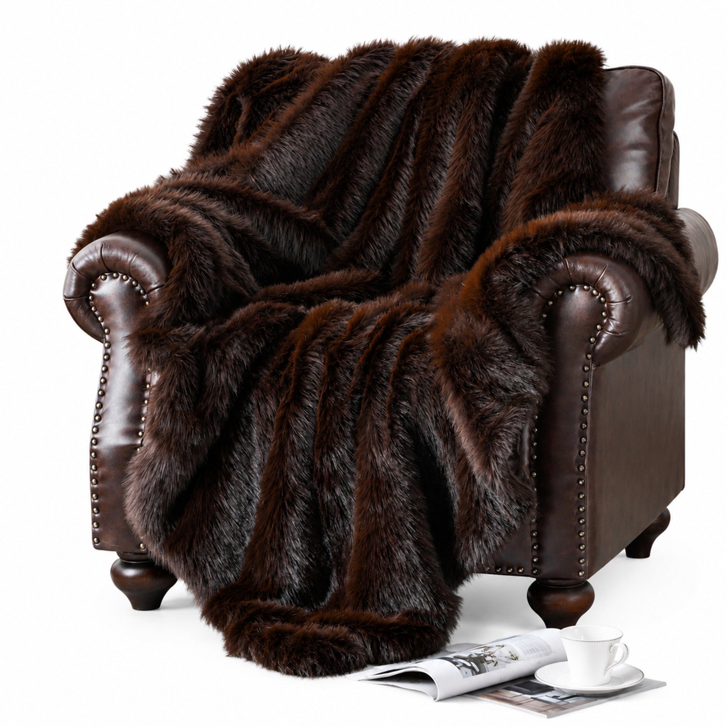 SWGOTA Donkerbruine imitatiebontplaid 127 x 152 cm met lange haren en strepen van polyester