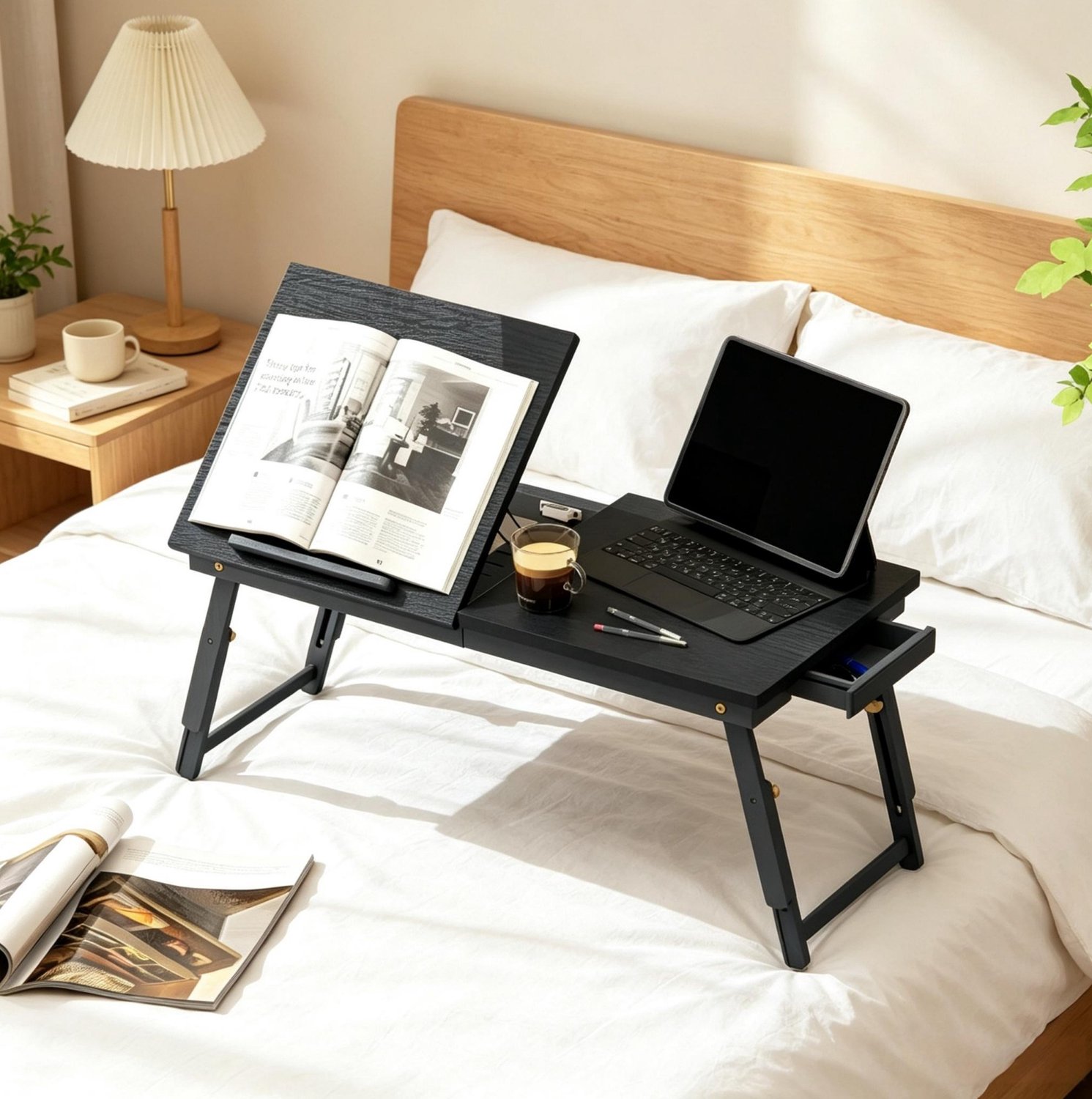HAUSS SPOLE Bedtafel - Opklapbaar met Kantelbaar Tafelblad en Lade - voor Werken en Lezen in Bed - Bamboe en MDF - Zwart - 83,5x33x23,5-34 cm