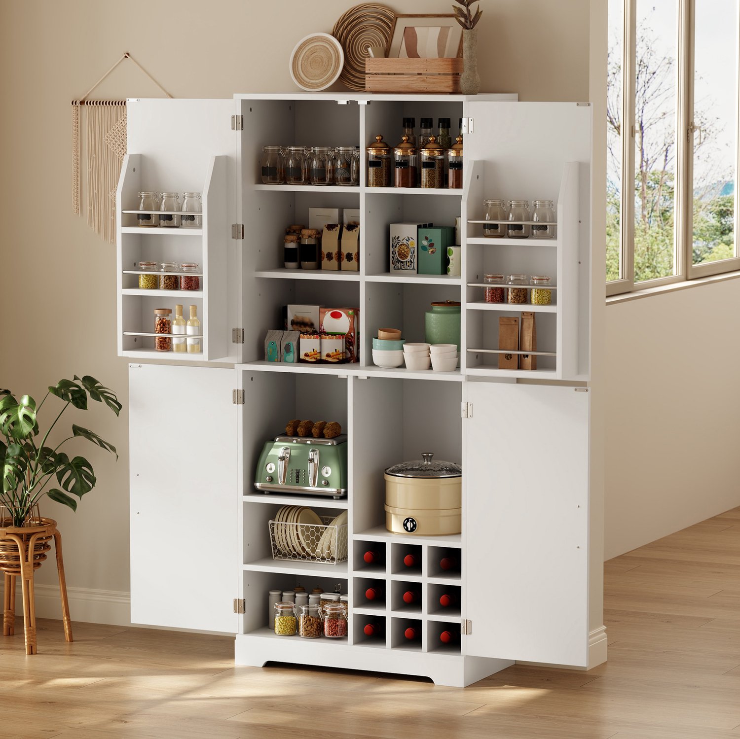 HAUSS SPOLE Keukenkast - Hoge Opbergkast met 4 Schuurdeuren en Wijnrekken - voor Keuken en Eetkamer - MDF - Wit - 80x40x178 cm