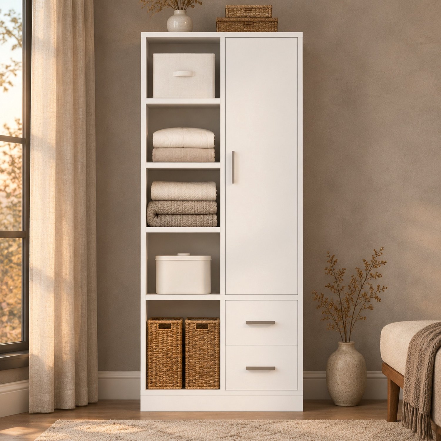 REDOM Kledingkast 70x50x170 cm - 1 deur, 2 kledingroedes, open vakken en 2 lades - Wit