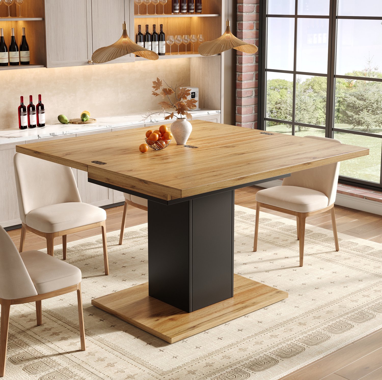HAUSS SPOLE Eettafel - Uitschuifbaar met Opklapbaar Blad en Verborgen Opbergruimte - voor Keuken en Eetkamer - MDF - Naturel - 60-120x120x75,1 cm