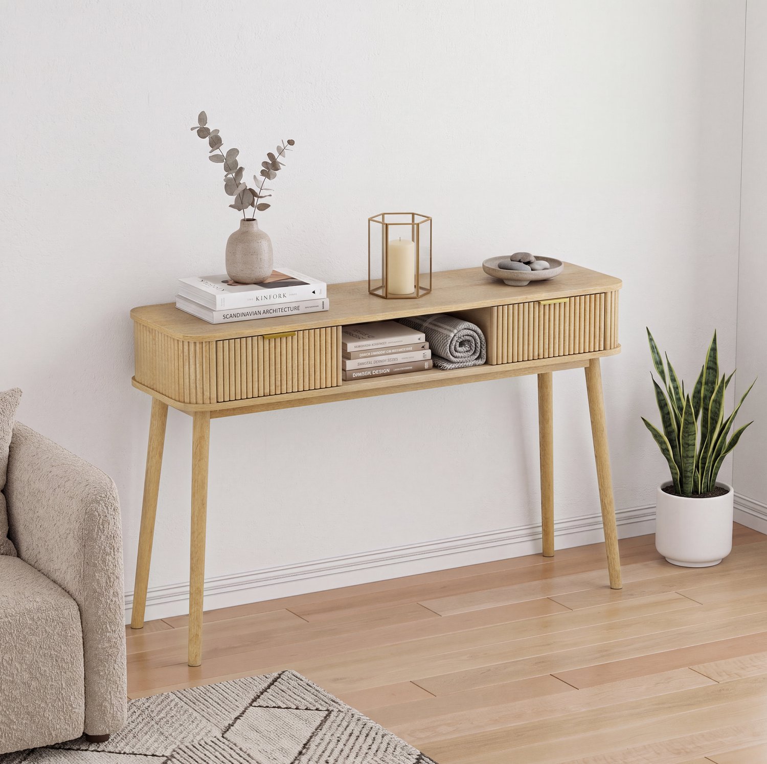 HAUSS SPOLE Sidetable - Twee Lades En Open Opbergvak - Voor Hal En Woonkamer - MDF En Spaanplaat - Eikenlook - 120x35x77,5 Cm