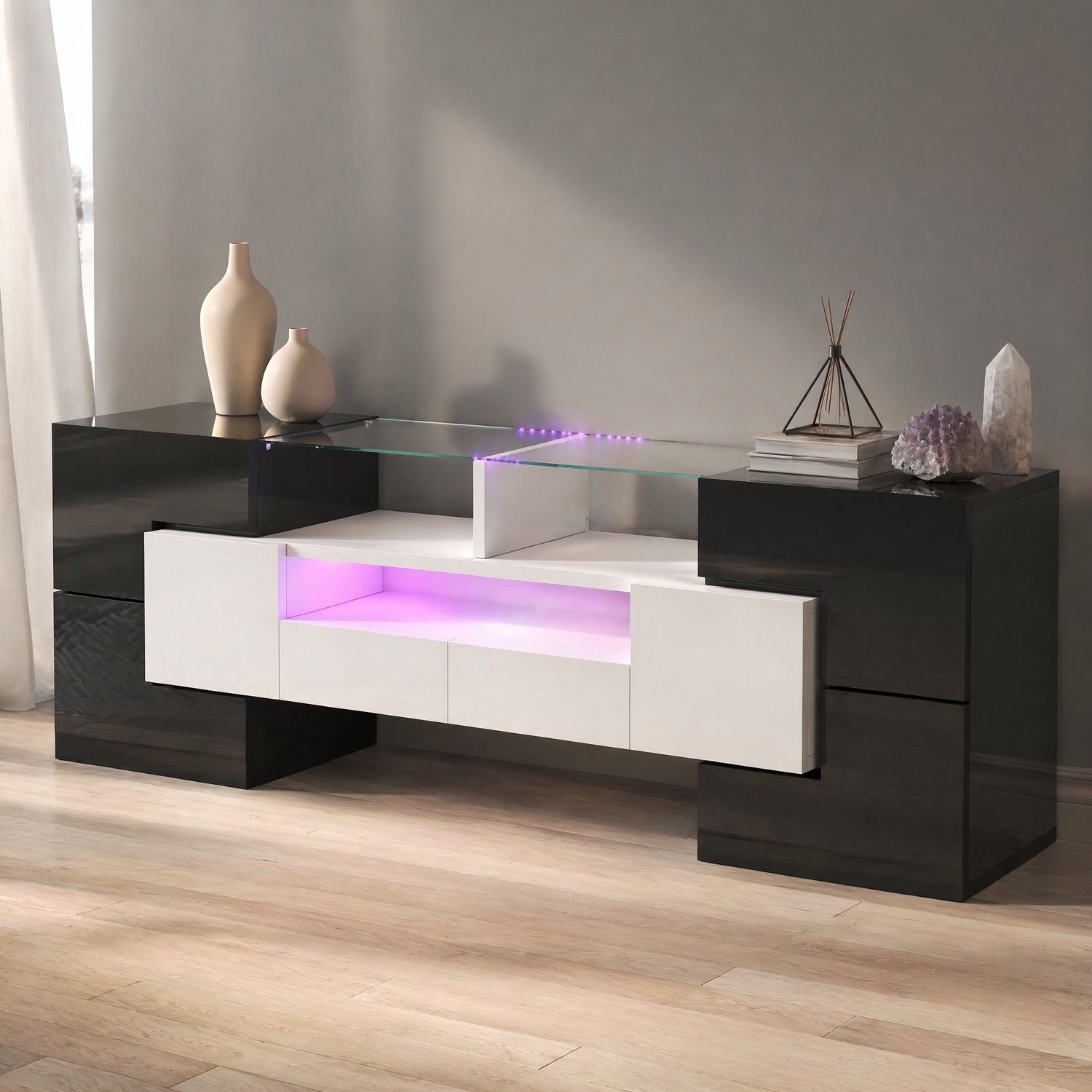 Maisentiel TV-meubel 145 x 30 x 51 cm - hoogglans wit en zwart - meerkleurige ledverlichting Wit, zwart