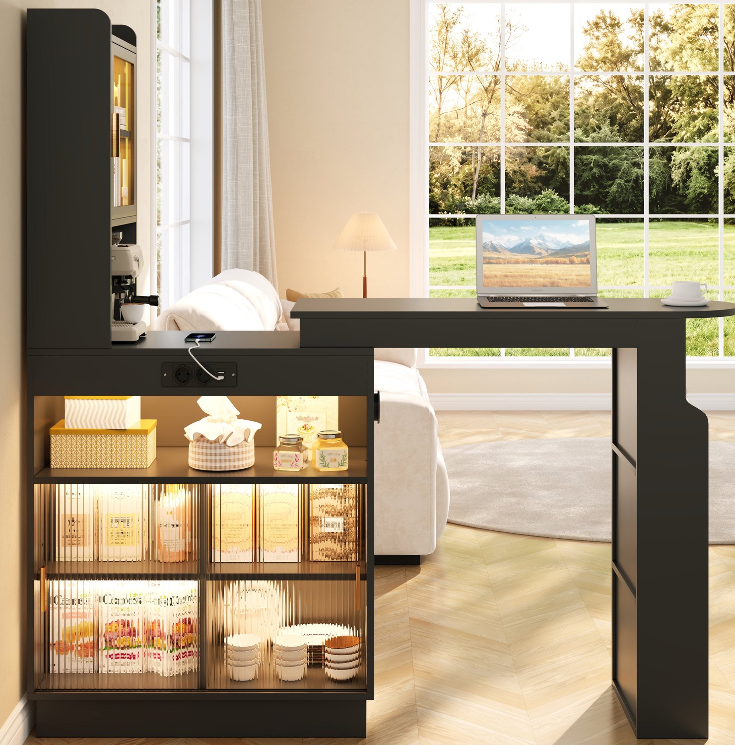 DESMIU Bartafel - Uitschuifbaar Met Opbergruimte En Verlichting - Voor Keuken En Kleine Ruimtes - Mdf - Zwart - 131 Tot 170 X 40 X 170 Cm