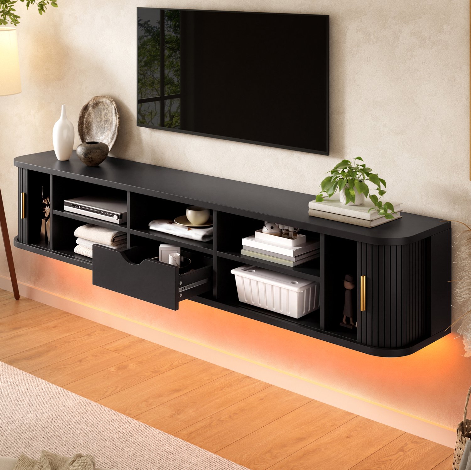 DESMIU Tv-Meubel - Wandhangend Met Schuifdeuren En Lade - Ledverlichting Via Telefoonapp Voor de Woonkamer - MDF - Zwart - 175x30x30 Cm