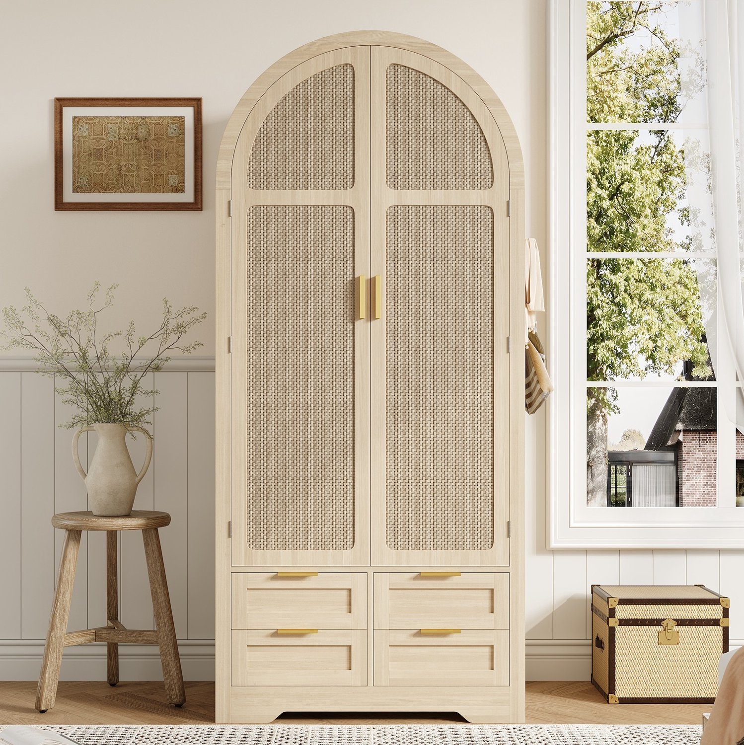 DESMIU Kledingkast - Gebogen Deuren met Rotan Panelen - Kledingstang, Planken en Lades voor Slaapkamer en Hal - MDF - 80x50x180 cm - Eikenhoutkleur