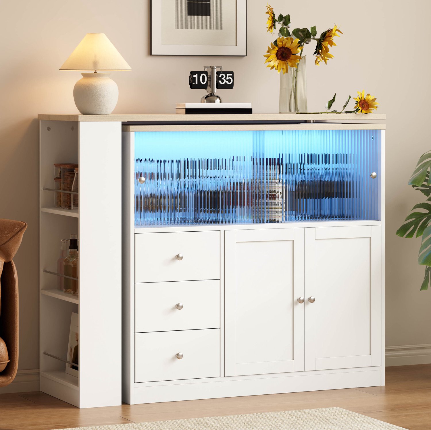 DESMIU Keukeneiland - Uitklapbaar Tafelblad Met Draaimechanisme En Opbergruimte - Voor Keuken En Eetkamer - Wit MDF - 172 x 40 x 96 cm