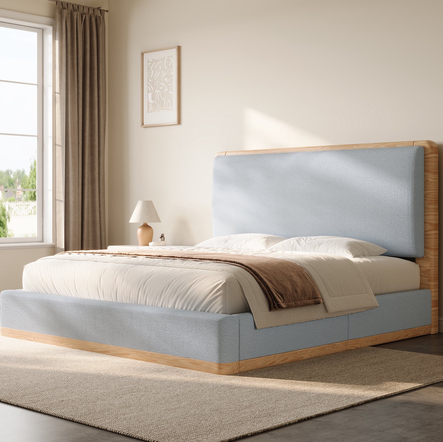 MODFU Gestoffeerd Bed - Met Hoofdbord En Lattenbodem - Grijs En Naturel Houtkleur - 180x200 Cm
