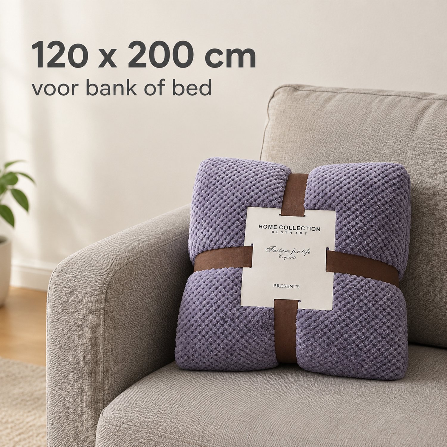 SWGOTA Flanellen deken 120 x 200 cm in rookpaars met wafelstructuur, verpakking met lint en kaart