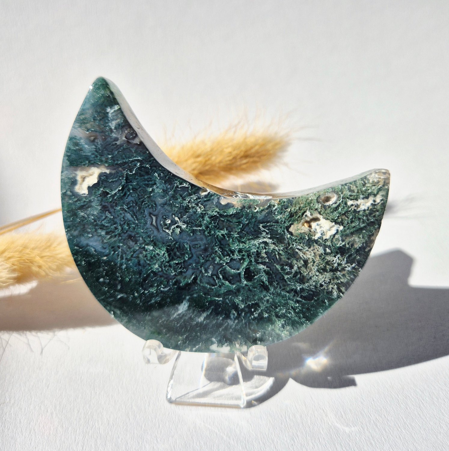 Moonlight Gemstones Edelsteen Mosagaat Maan op Standaard (Druzy & Patronen) Agaat - #322 10-12cm Meerkleurig