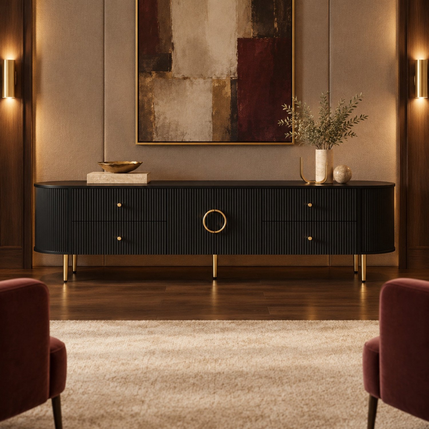 Maisentiel Zwart tv-meubel van MDF, 180 cm breed, met golfstructuur en lades