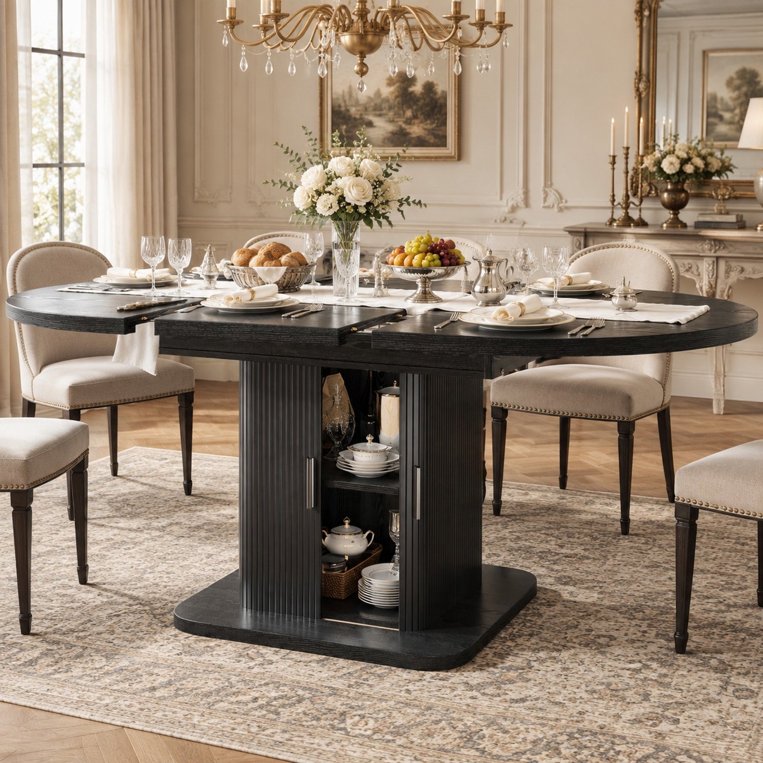 Maisentiel Uitschuifbare ovale eettafel 110-149,8 cm met opbergruimte en schuifdeuren - zwart